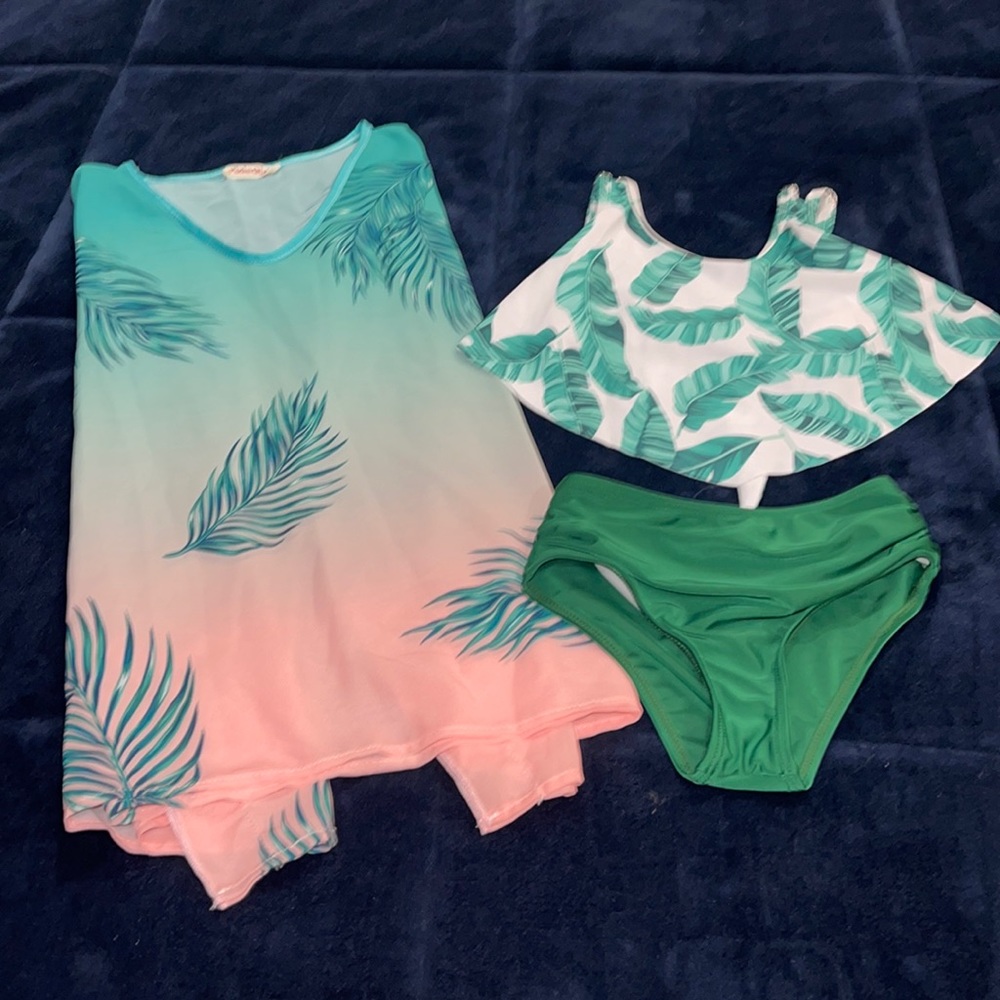 Mia Belle Girls 4T/5Y Hunter Green and White bathing suit w/coverup!